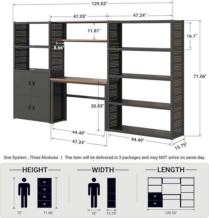 FLEXIMOUNTS Garage Storage Cabinet System, 3-in-1 Modular Metal Tool Cabinet w/Workbench and Metal Board Shelf Includes Pegboard, 24-Gauge Steel, 129"(L) w/ 2 Doors, Black, FLEXIMOD Series