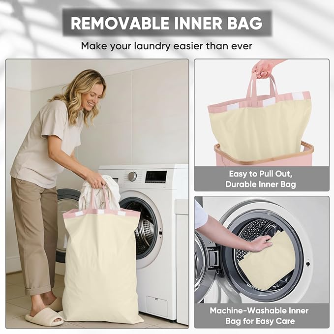 BALEINE Laundry Hamper with Lid, Tall Laundry Baskets with Bamboo Pull Handles, Large Laundry Bin with Internal Support (18 Gal/70L, Pink Pinstripe)