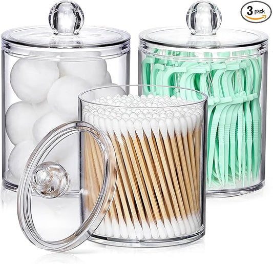 AOZITA 3 Pack Acrylic Qtip Holder Dispenser for Cotton Swab, Ball, Round Pads, Floss Picks - 10 oz Clear Plastic Apothecary Jar Set for Bathroom Canister Storage Organization, Vanity Makeup Organizer