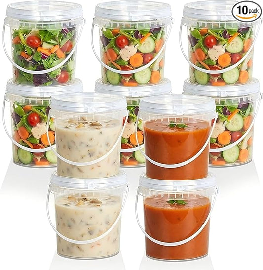 Airtight Clear Plastic Bucket with Lid, Ice Buckets for Parties, Reusable Ice Cream Tub with Handle, Food Storage Container, Food Grade Freezer and Microwave Safe for Sauce, Soup (32 OZ/1000 ML)