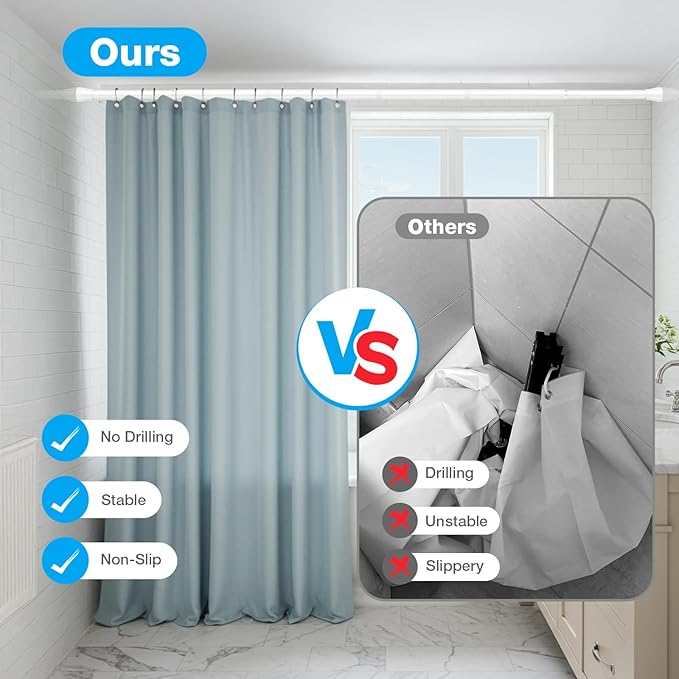 MEXAU Shower Curtain Rod 44-77 inch Tension Rod White Shower rod Non Slip Tension Curtain Rod Adjustable Curtain Rods No Drilling Shower Rods for Bathroom Windows Closet 1Pack