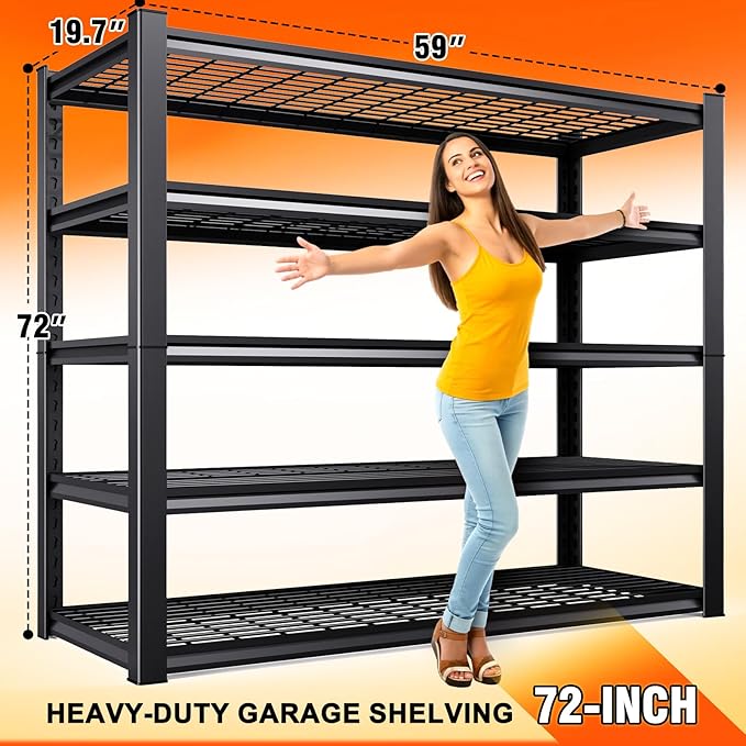 2 Pack Storage Shelves,3000LBS Garage Shelving,Adjustable Garage Shelves,Heavy Duty Metal Shelving, 5 Tier Wood Utility Steel Shelf, Easy-to-Install Shelving Units and Storage 72''x59''x19.7