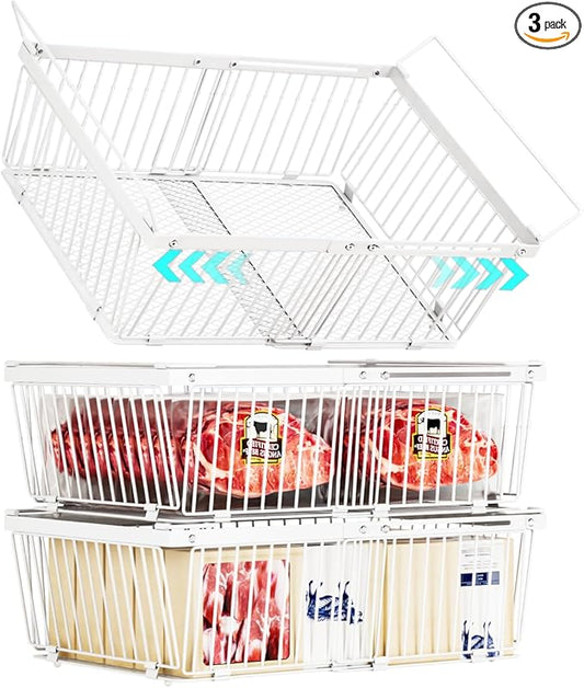 Large Freezer Organizer Bins，Upgraded Bottom Leak-Proof net，3 Pack， Expandable Stackable Chest Freezer Containers with Handle，for Fridge, Deep Freezer, Cabinet, Kitchen, Pantry (White-3Pack)
