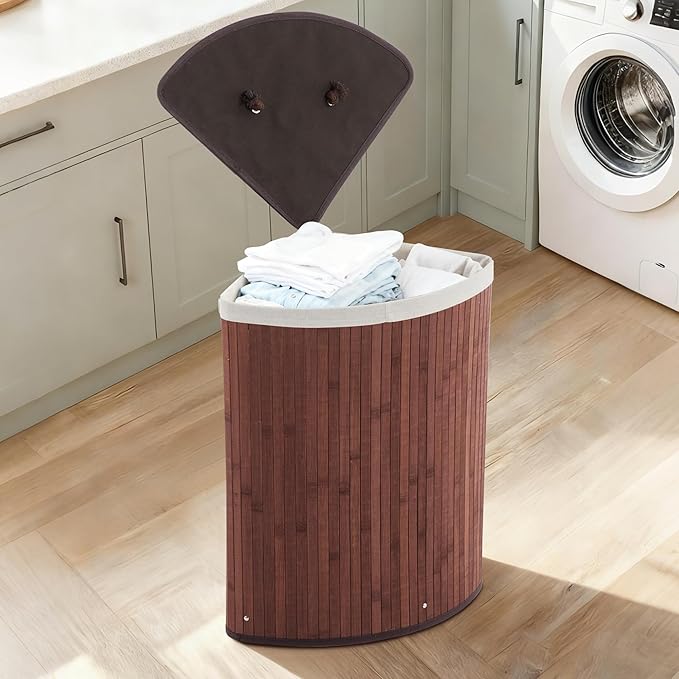 GarveeHome Corner Laundry Hamper with Lid, 15.3 Gal / 58 L Large Foldable Bamboo Laundry Basket with Washable Liner Bag, Wicker Clothes Hamper for Bedrooms Bathrooms Apartments, Brown