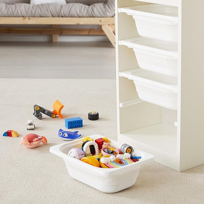 Beright Storage Combination with Bins, Toy Storage Organizer for Kids, Multipurpose Children Cabinet Organizer for Books and Toys with 4 Small Bins, Floor, White