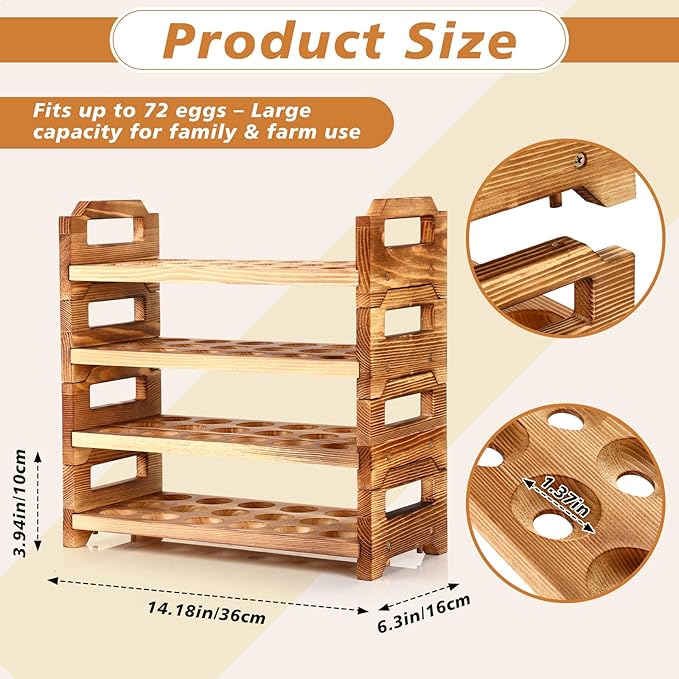 Reallnaive 4 Tier Wooden Egg Holder for Countertop, Pine Stackable Fresh Egg Storage Farmhouse Collecting Rack for Gathering Kitchen Organizer Duck Eggs Display, Stackable with 72 Eggs(Brown)