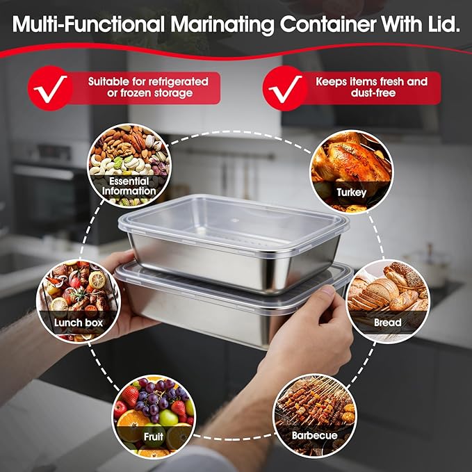 7-in-1 Stainless Steel Grill Prep Trays & Carry System, Large Lidded Marinating Containers with Cutting Board & 2 Food Storage Containers with Lids, Stackable BBQ Grill Accessories for Outdoor Cooking