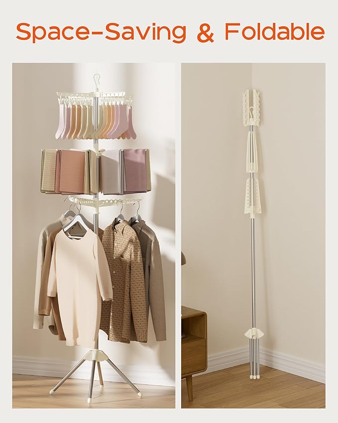 CASAMAYA Clothes Drying Rack Foldable, 79.5 inch 3 Tier Laundry Drying Rack with Rotating Clothes Rail for 27 Pieces of Clothes and 24 Clips for Hanging Socks,Space Saving, White and Silver CDR003W01