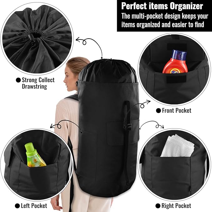 Laundry Backpack Bag 125L Extra Large, Heavy Duty for College Dorm & Apartment, Durable Thick Material Laundry Hamper with Padded Straps for Easy Carry, 3 Pockets for Travel & Laundromat (Black)