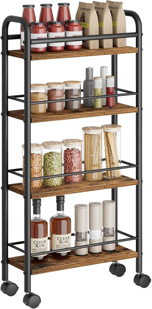 Asgolion Slim Storage Cart, 4-Tier Small Rolling Cart with Wheels, 5.9" Deep, Narrow Bathroom Shelf Trolley for Kitchen, Bathroom, Laundry Room, Rustic Brown Standard 4-Tier (5.9" W x 33.6" H)