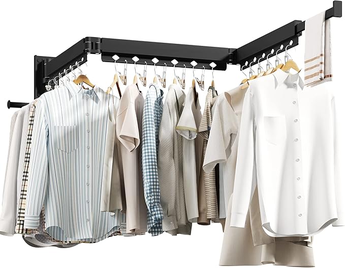 HEILAIYI Wall Mounted Clothes Hanger,Clothes Drying Rack,Laundry Drying Rack,Clothes Rack,Laundry Rack Wall Mount,Retractable Collapsible Drying Rack Clothing (Windproof Holes,with Clips),Black