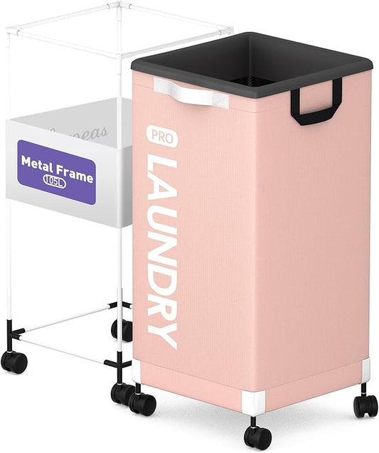 Caroeas Next-Gen 105L Matel Frame Laundry Basket with wheels, Heavy Duty Tall Rolling Laundry Hamper with Removable Wash Bag, Collapsible Freestanding Clothes Hamper For Laundry Room (105L,Pink,1Pack)