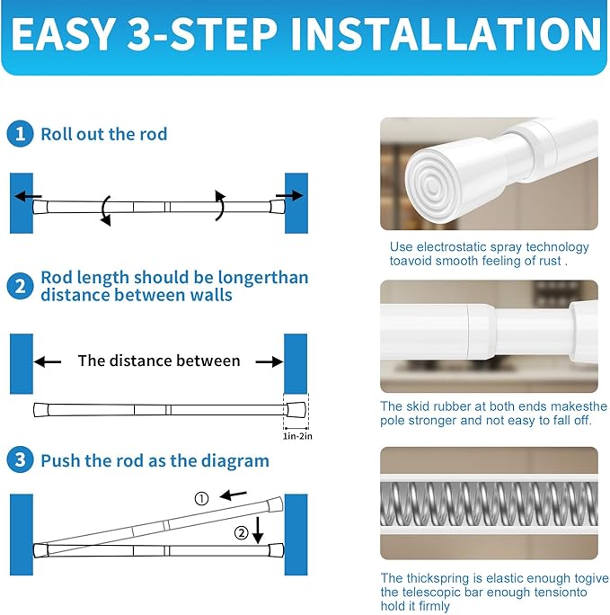 AIZESI 2 Pack Tension Rods for Windows 26.5 to 36 inch, Adjustable Expandable Pressure Spring Curtain Rods No Drilling, White Curtain Rods for Doorway Closet Door