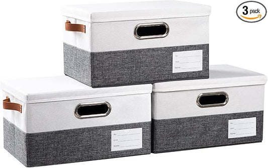 PRANDOM Storage Bins with Lids [3-Pack] Linen Fabric Foldable Storage Boxes Organizer Containers Baskets Cube with Cover for Bedroom Closet Office Grey&White（11.4X8.6X6.7