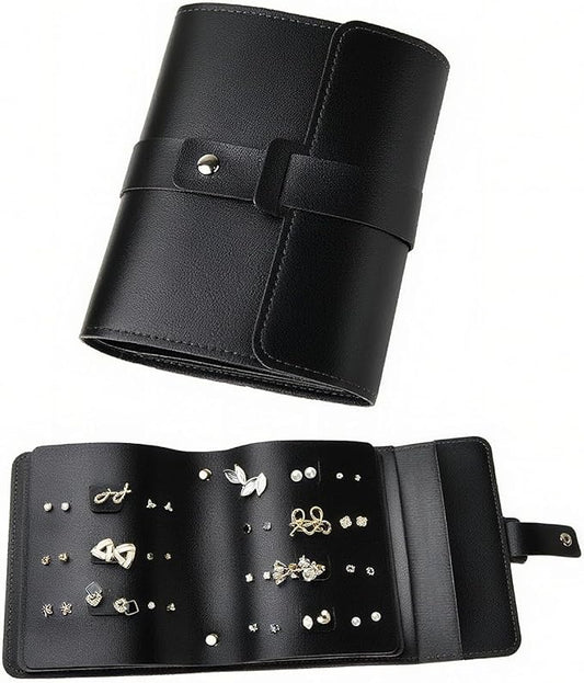 LAKE OF FIRE Earring Holder Organizer with Foldable Book Design Book Organizer, Portable Pu Leather Travel Earring Case (Black)