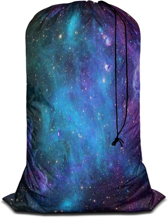 Swono Starry Sky Laundry Bag with Drawstring Straps, Heavy Duty Extra Large Laundry Bags for Laundromat Household, Galaxy Nebula Cloud Cluster Stars Aerospace Travel Dirty Clothes Bag, Purple Blue