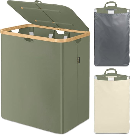 BALEINE Laundry Hamper with Lid, Tall Laundry Baskets with Bamboo Pull Handles, Large Laundry Bin with Internal Support (36 Gal/140L, Green)