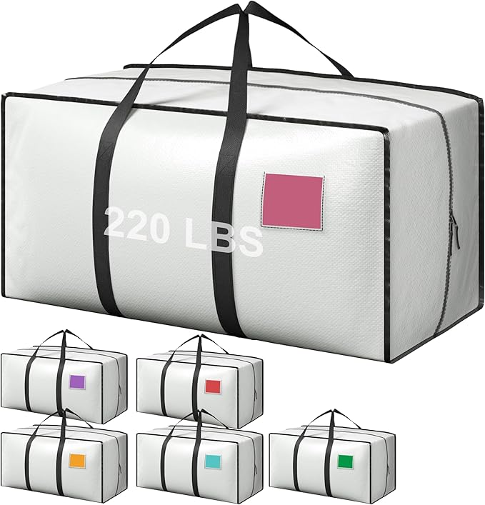 6 Pack Moving Bags with Full-Open Side Zipper, Extra Large 93L Heavy Duty Waterproof Foldable Storage Totes for College Dorm, Moving & Home Organization,White