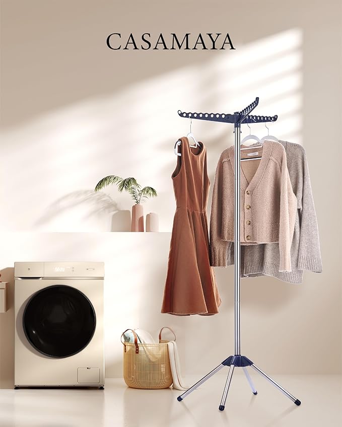 CASAMAYA Clothes Drying Rack Foldable, 59 inch Tripod Laundry Drying Rack Indoor with Rotating Clothes Rail for 27 Pieces of Clothes, Space Saving, Blue and Silver CDR001Q01