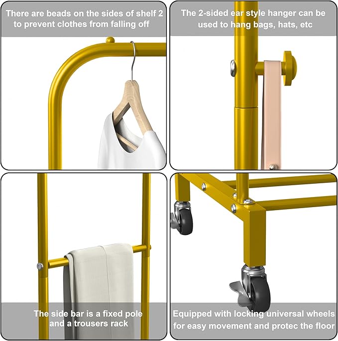 Sooyee Double Rod Clothing Rack with Wheels,3 Tier Garment Racks for Hanging Clothes,Portable Clothes Rack with 4 Hooks for Bedroom,Laundry Room,Gold