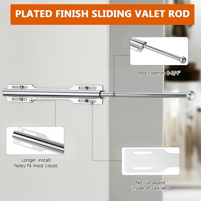 Closet Valet Rod Slide Out, Closet Pull Out Rod for Bedroom Laundry Room Bathroom, Chrome