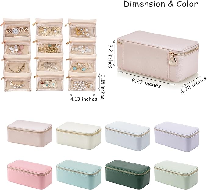 VLANDO Travel Jewelry Box Organizer – Portable PU Leather Jewelry Case with 6/8/12 Zippered Pouches, Compact Storage for Earrings Rings Necklaces Bracelets, Baby Blue