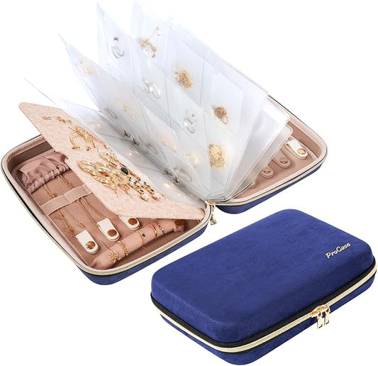 ProCase Extra Large Jewelry Organizer Case, Jewellery Home Storage Book Ring Binder with Clear Pockets for Presentation, Zippered Pouch Bag for Earrings Necklaces Bracelets -Navy
