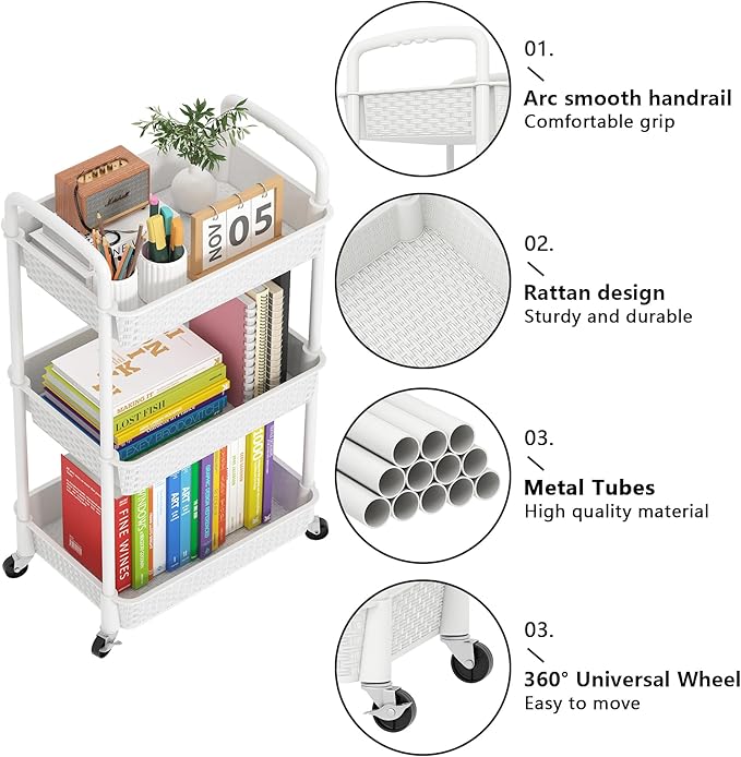 MOYIPIN 3-Tier Plastic Rolling Utility Cart with Handle,Utility Storage Cart for Office, Living Room, Kitchen,Movable Storage Organizer Shelves,White