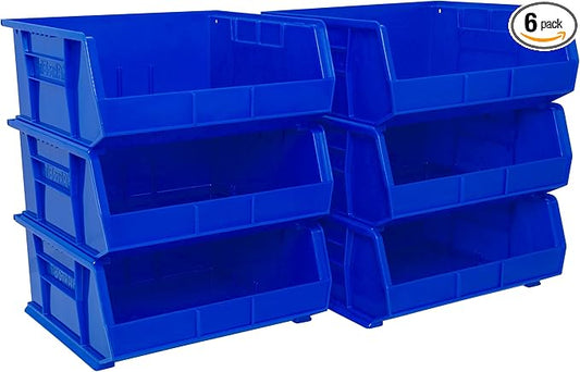 Akro-Mils 30250 AkroBins Plastic Storage Bins, Space-Saving Stackable Bins for Garage, Pantry, Craft Organization, 15" x 16" x 7", Blue, 6-Pack
