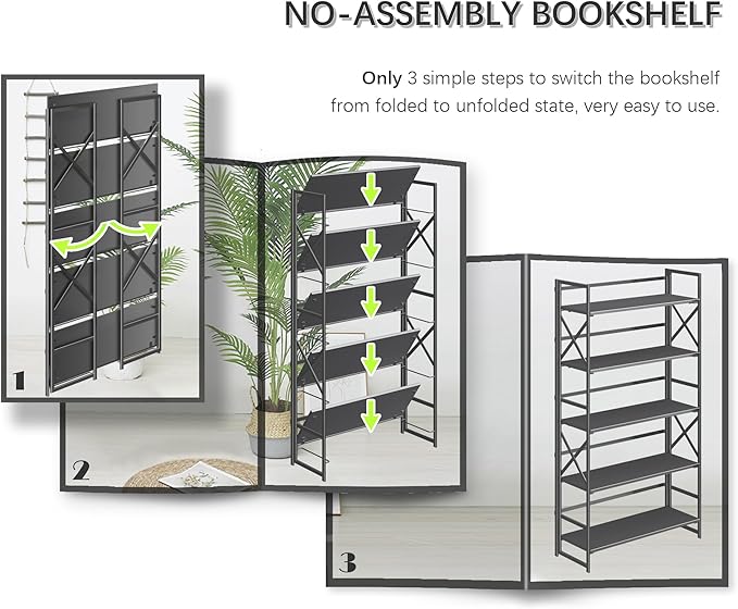4NM Extra Wide 5 Tiers No Assembly Book Shelves, 51.2" H Folding Bookshelf Bookcase Open Industrial Foldable Shelves for Bedroom, Living Room, Home Office - All Black