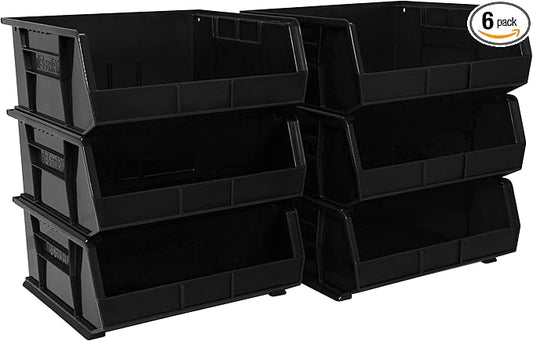 Akro-Mils 30250 AkroBins Plastic Storage Bins, Space-Saving Stackable Bins for Garage, Pantry, Craft Organization, 15" x 16" x 7", Black, 6-Pack