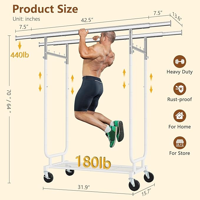 Heavy Duty Rolling Clothes Rack, 620 LBS Load Double Rod Adjustable Garment Rack with Storage Shelves & Lockable Wheels, Portable Clothing Rack for Hanging Clothes for Bedroom, Laundry Living Room