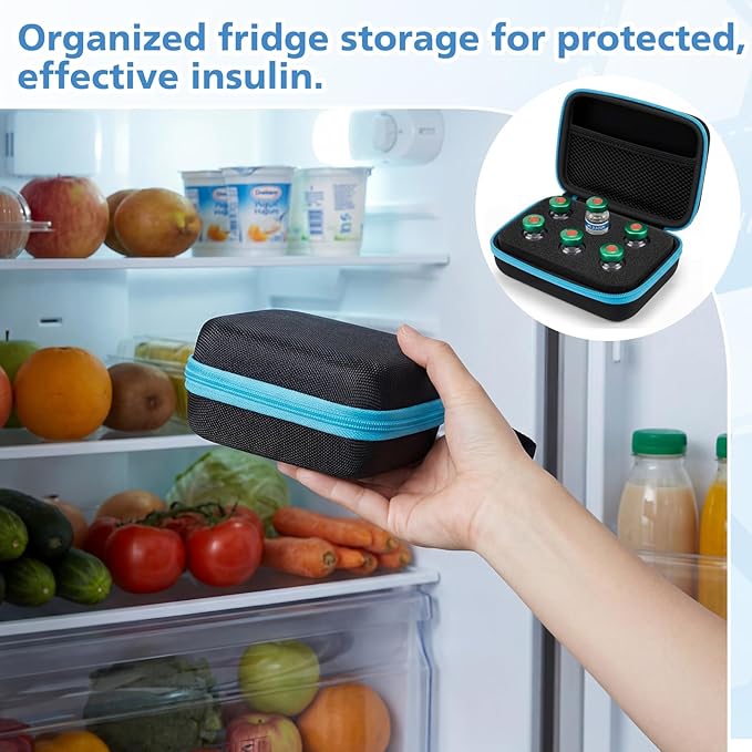 Teenyyou 6 Slots Insulin Peptide Fridge Carrying Case Vial Holder Storage Protector Bag, Fits Standard 10ml Vials, Insulin Cooler Travel Kits Case Diabetes Protector(Black, Blue Zipper)