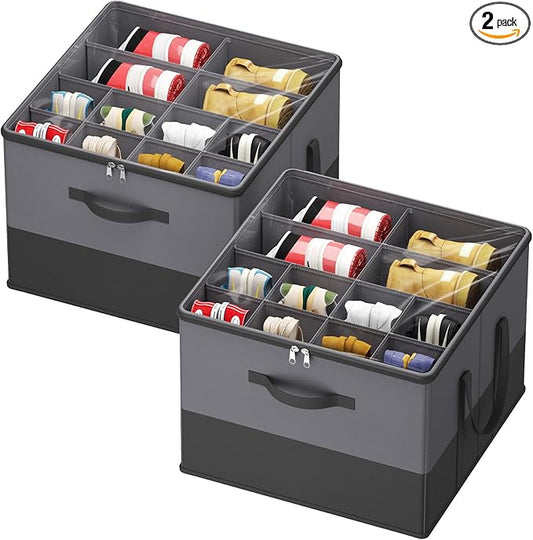 Lifewit Shoe Storage Organizer for Closet, Fabric Large Shoe Box Storage Containers with Clear Cover, Foldable Bins for Boots Heels Sneakers Fits 24-32 Pairs (Each 12-16 Pairs) 2 Pack Black and Gray