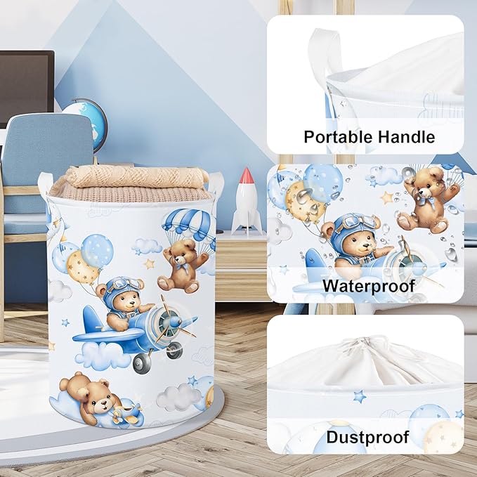 Clastyle 45L Large Blue Bear Pilot Kid Boy Girl Laundry Hamper with Handle Collapsible Balloon Clothes Toy Storage Basket with Lid for Nursery