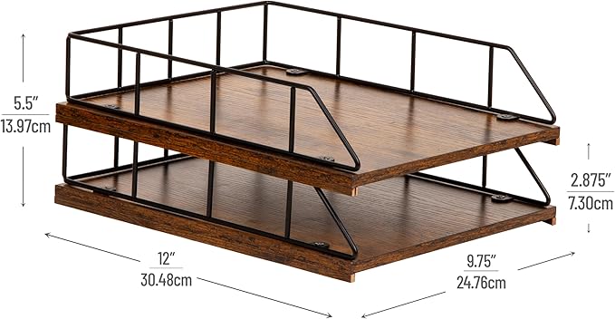 Mind Reader 2-Tier Rustic Letter Tray Organizer with Metal Frame, Wood Base for Desk or Office, Stackable, Metal and Wood, Black