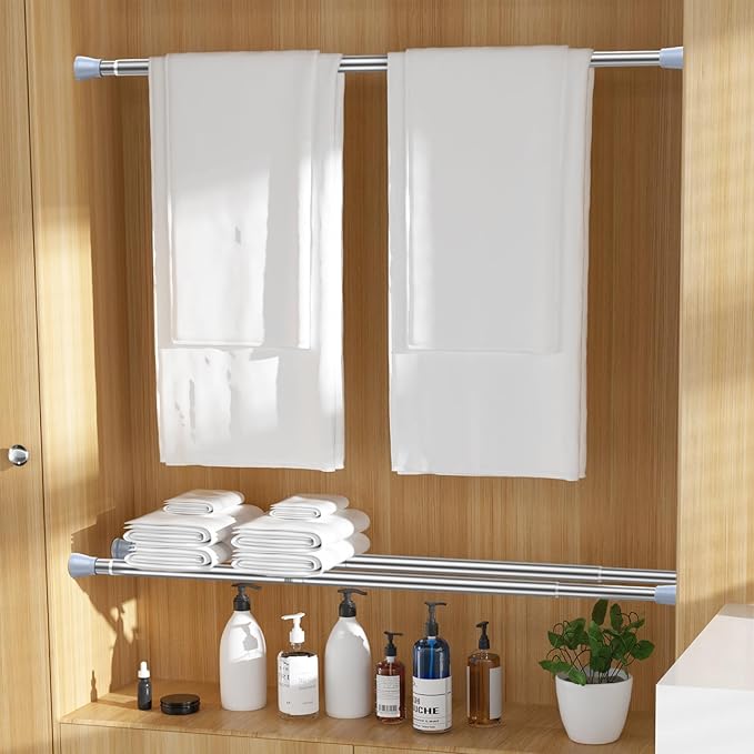 MEXAU Tension Curtain Rod for Windows 27 to 50 Inch，Silver Spring Tension Rods short curtain rod Adjustable Spring Rod Extendable Tension Rod for Kitchen, Bathroom, Window, Bookshelf.