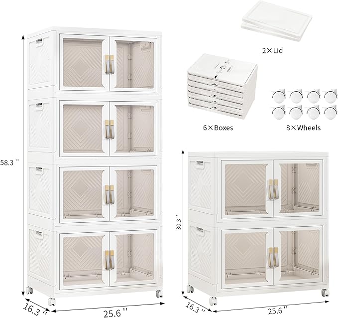 UAMFURI Stackable Storage Bins with Doors & Lids & Wheels, Foldable Collapsible Closet Organizers, Large Storage Cabinet for Bedroom Dorm (6, L)