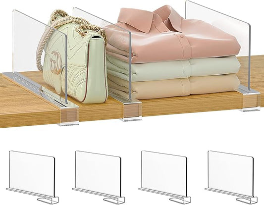 Purse Organizer for Closet Shelf Dividers: 6-inch Tall (Shorter Version) Adjustable Clear Acrylic Bag Storage Organizer for Handbags, Sweaters, Towels, Jeans and Shoes on Wood Shelves 4-Pack