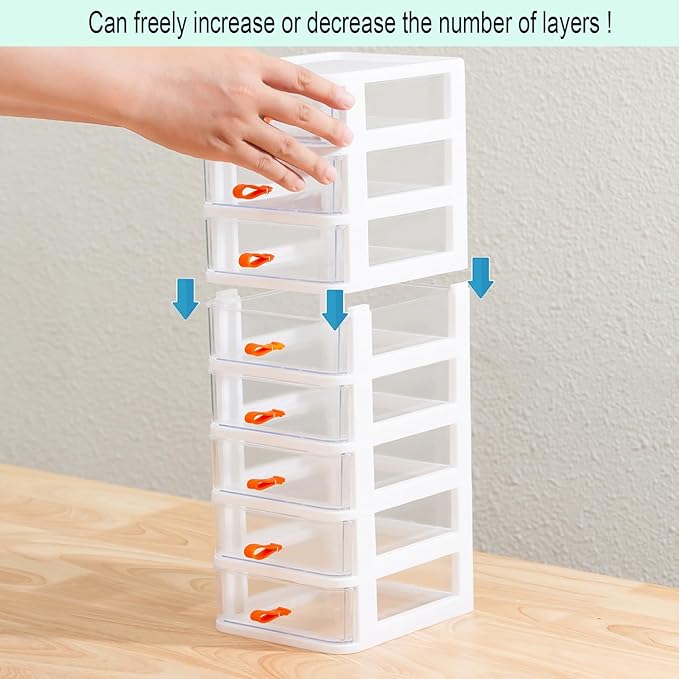 Gagee 5 Drawer Mini Stackable Storage Drawers,Plastic Dressers with Drawers for Arts and Crafts, Small Tools, Sewing Accessories, Stationary, and Hardware,Clear/White Frame
