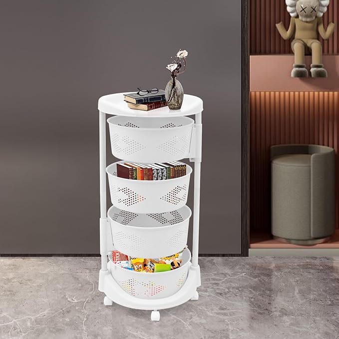 YIYIBYUS Round Metal Kitchen Storage Tower with 4 Removable Baskets, 360° Rotating Snack Organizer Cart on Locking Wheels, Multi-Level Space Saving Rack for Fruits Vegetables Bathroom Essentials