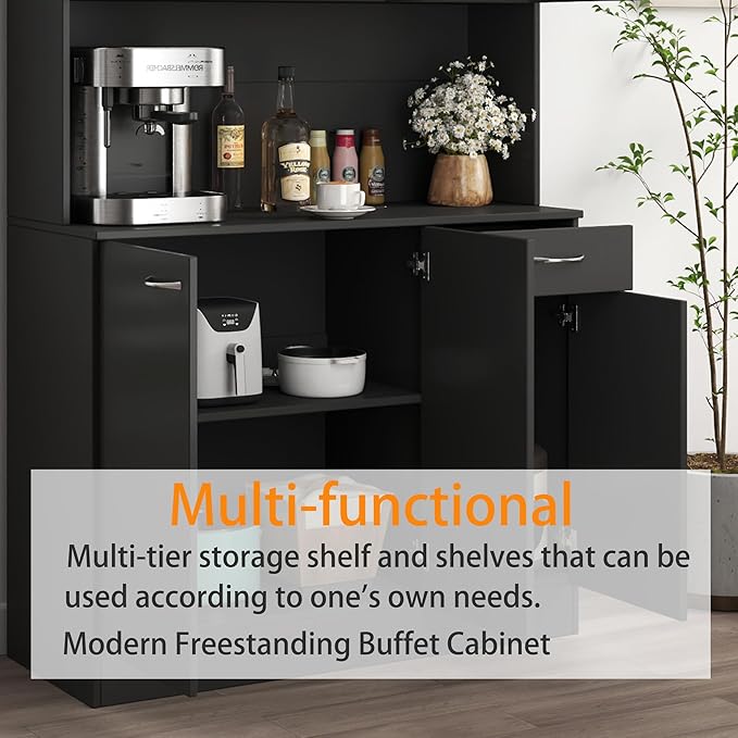 Modern Kitchen Pantry Cabinet, 70.86" Tall Freestanding Cupboard with Multi-Tier Storage Rack and Microwave Stand for Kitchen, Living Room,Black