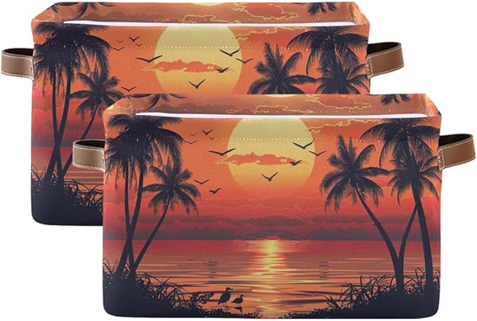 xigua Summer Palm Trees Storage Basket Collapsible Storage Bins Waterproof Canvas Storage Basket with Leather Handles for Home Closets Offices,Bedrooms,Gift Baskets,2PCS