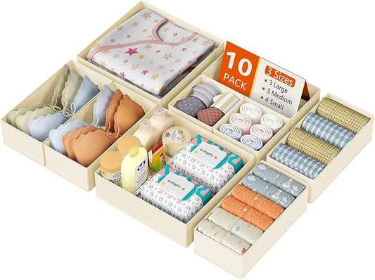 DIMJ Drawer Organizer Clothes 10 Pack - Foldable Baby Organizers and Storage & Dresser Organizer for Bedroom, Closet - Nursery Organization Dresser Dividers for underwear, Sock,Bra, Belt, Tie, Beige
