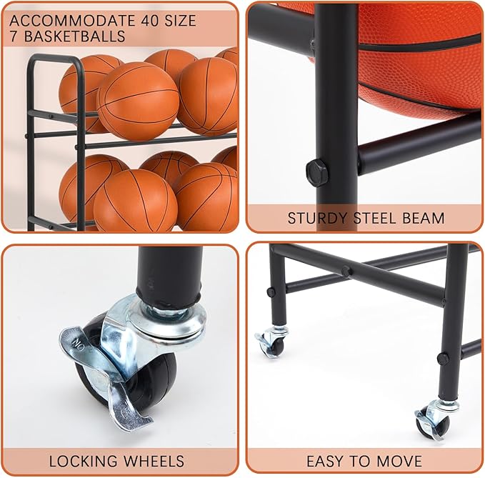 Colingmill Heavy Duty Basketball Rack with Wheels, Multi-Tier Rolling Ball Storage Cart, Sports Equipment Organizer for School, Gym, Club Shoot Training
