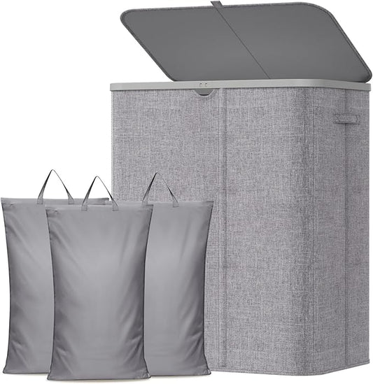 Lifewit 185L Large 3 Section Laundry Hamper with Lid, Plastic Laundry Basket with Bamboo Handles and Removable Bags, Tall Foldable Clothes Hamper for Bathroom Bedroom, Light Gray