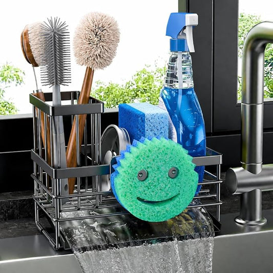 Cisily Sink Caddy with Smiley Face Sponge Holder for Kitchen with Brush Holder and Stainless Steel Self Drain Tray, Rustproof Kitchen Sink Organizer, Soap Dispenser Storage Accessories (Black)