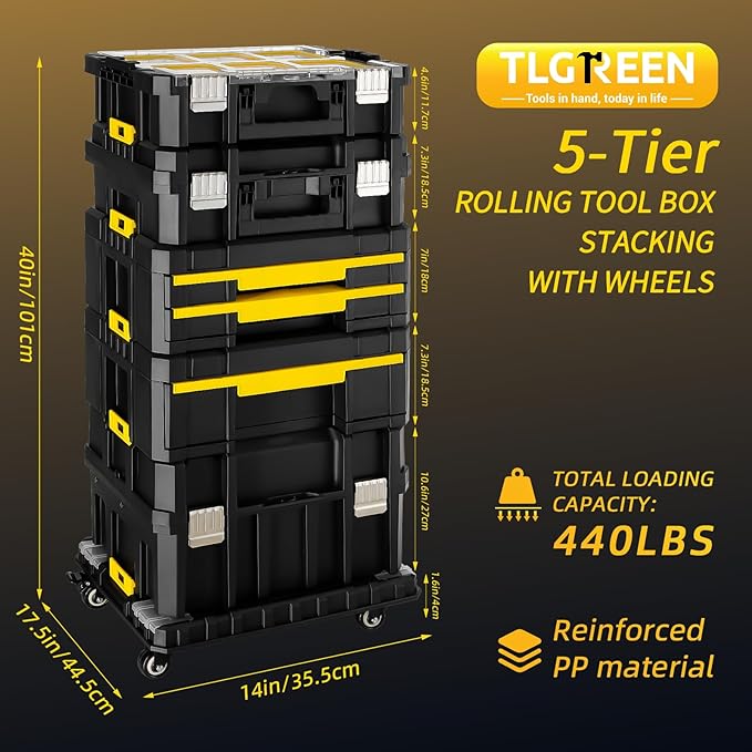 TLGREEN Stackable Rolling Tool Box with Wheels – 5-in-1 Modular Tool Organizer System, Portable Tool Box with Drawers for Garage Storage, Home Repairs & Professional Workshop