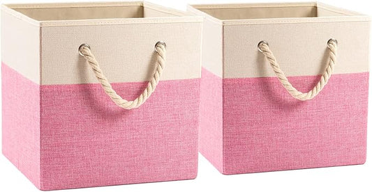PRANDOM Large Foldable Cube Storage Bins 13x13 inch [2-Pack] Fabric Linen Storage Baskets Cubes Drawer with Cotton Handles Organizer for Shelves Nursery Closet Bedroom Pink