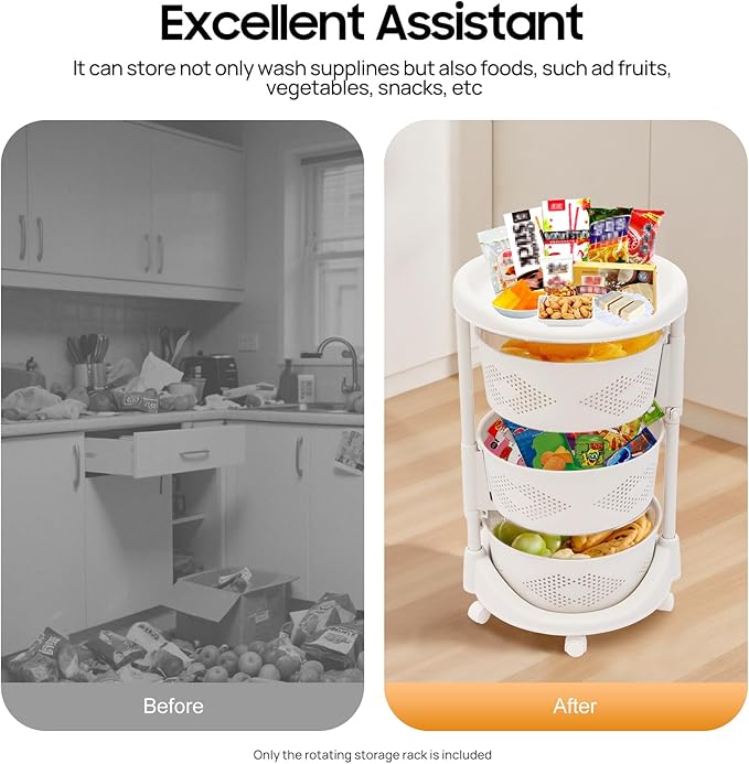 3 Tier Rotating Kitchen Storage Basket Rack Storage Shelf Cart Fruit Vegetable Organizer with Casters Rolling Multi-Layer Round Bin Storage Space Saver for Home Household Grocery